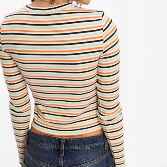 F21 Long sleeve high neck fitted stripe t-shirt in multi - Picture 1 of 7